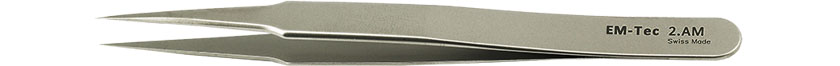 EM-Tec 2.AM high precision tweezers, style 2, flat, sharp fine tips, anti-magnetic stainless steel